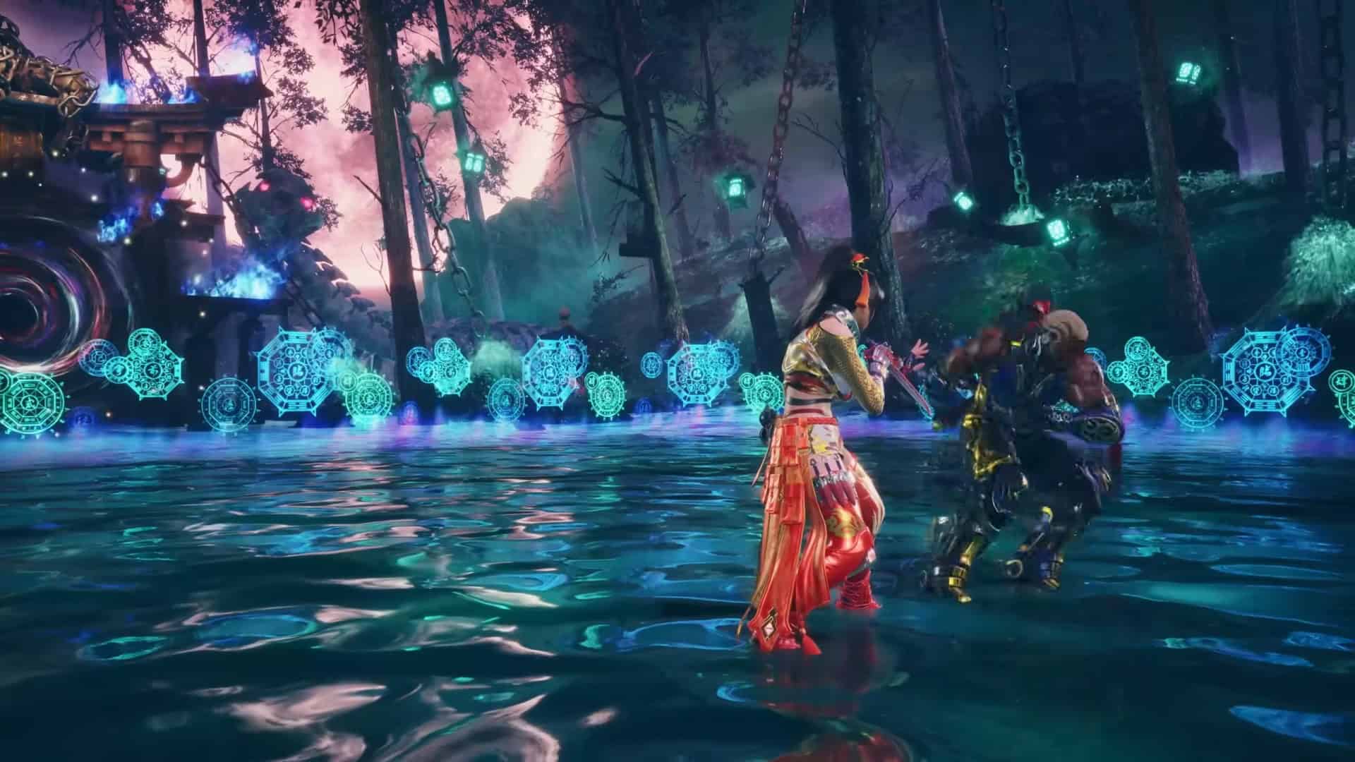 TEKKEN 8 Kunimitsu Gameplay Reveal Trailer 2-13 screenshot | The Outerhaven Two armored fighters duel in shallow water, surrounded by glowing cyan runic circles and a neon-lit forest backdrop.