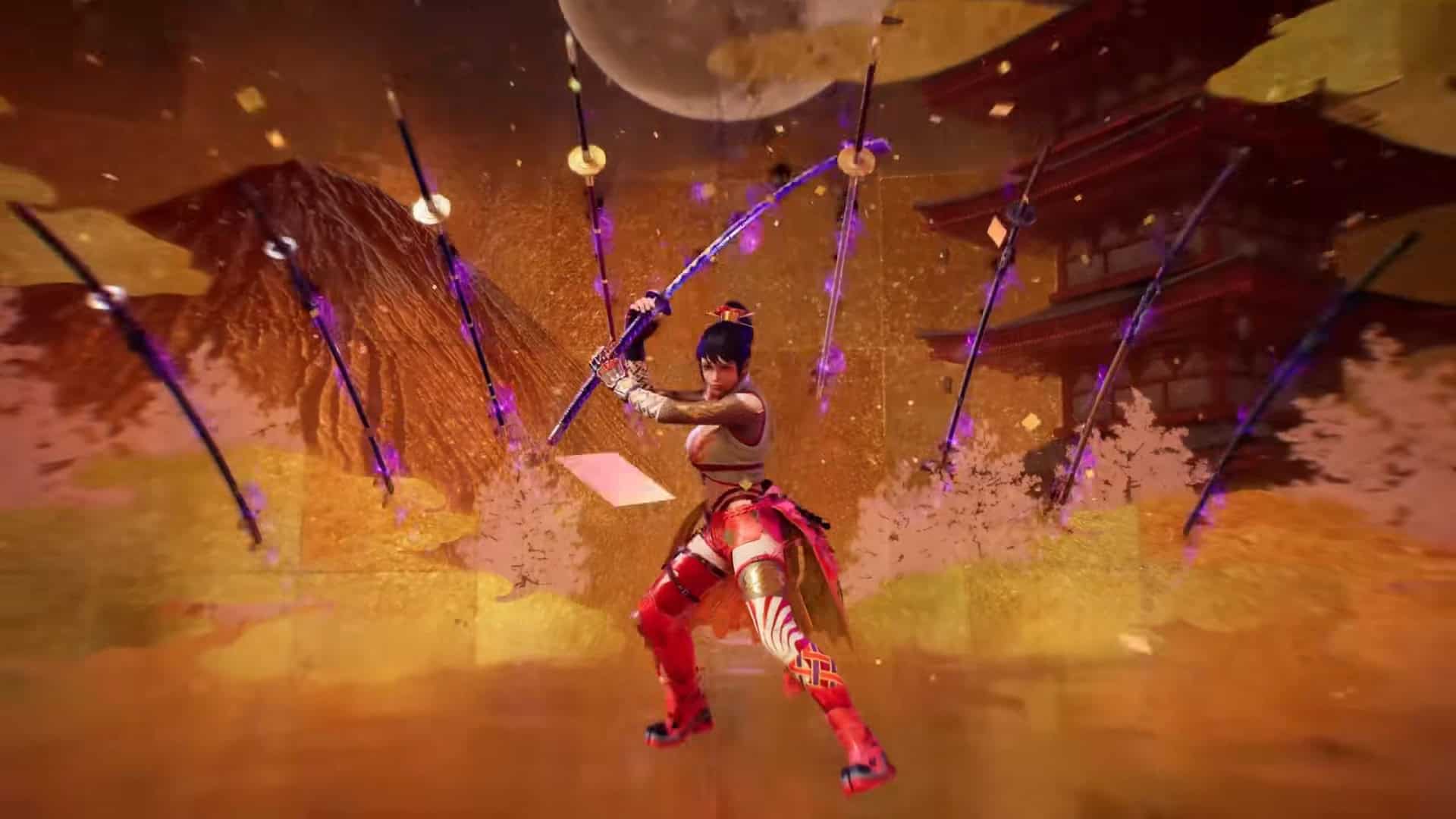 TEKKEN 8 Kunimitsu Gameplay Reveal Trailer 2-53 screenshot | The Outerhaven Female warrior in red armor wields two glowing swords in a golden fantasy courtyard with a pagoda in the background.