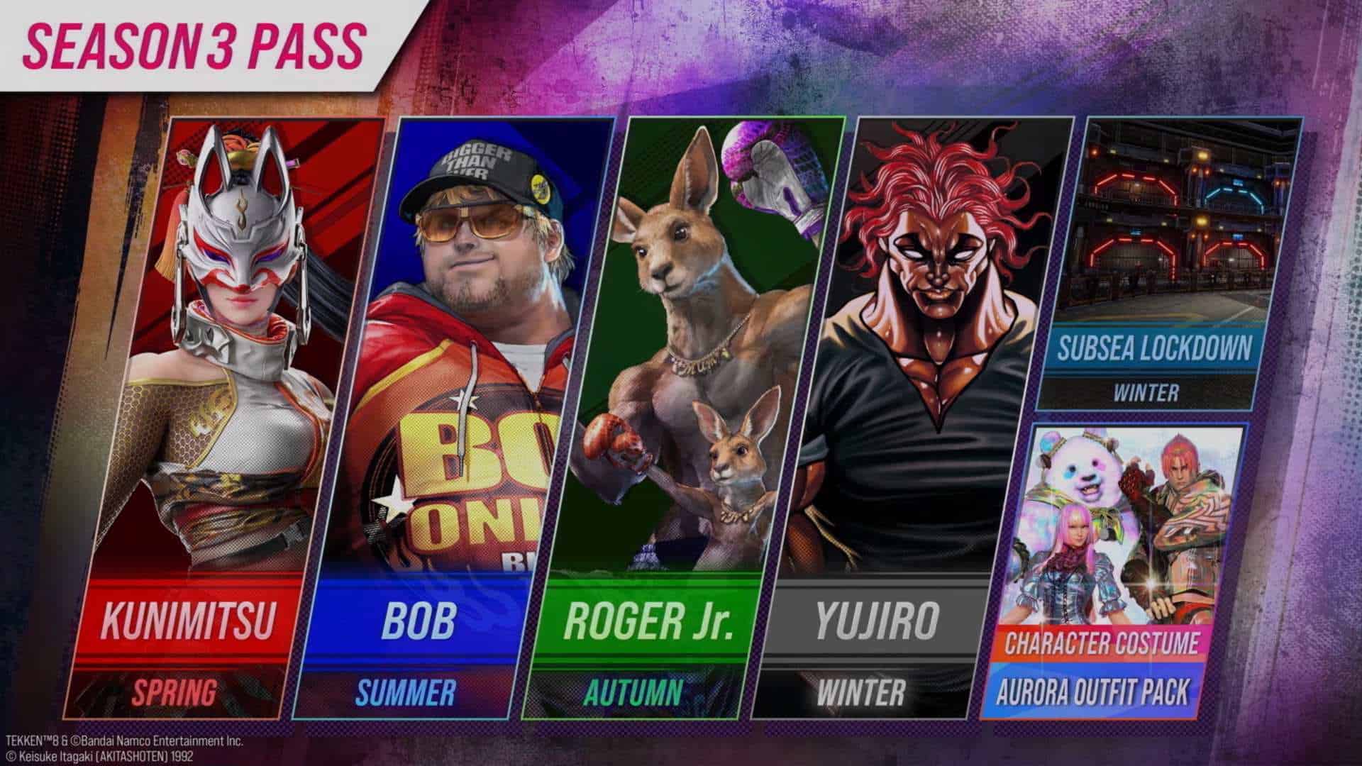 TEKKEN 8 Yujiro Hanma Announcement 1-34 screenshot | The Outerhaven Season 3 Pass banner with five character panels: Kunimitsu, Bob, Roger Jr., Yujiro, plus a costume/aurora pack image
