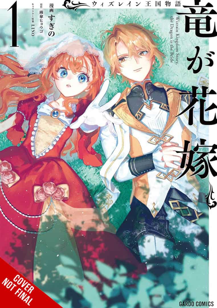 Tale of the Wizrain Kingdom- The Nations Dragon Guardian is Reborn as a Downtrodden Young Lady Vol 1 manga | The Outerhaven Manga cover showing a girl in a red dress and a blond man in fantasy armor lying on grass, with large Japanese title text along the right edge.