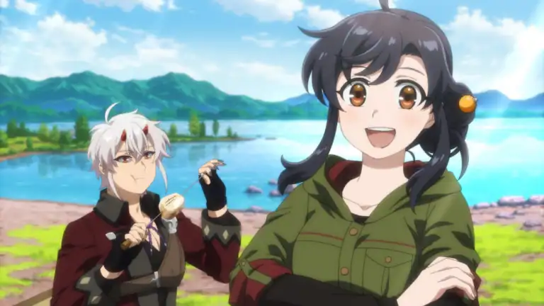 The Forsaken Saintess and Her Foodie Road Trip in Another World | The Outerhaven Two anime characters by a lakeside, smiling; the girl in a green jacket in the foreground, a silver-haired man eating corn in the background.