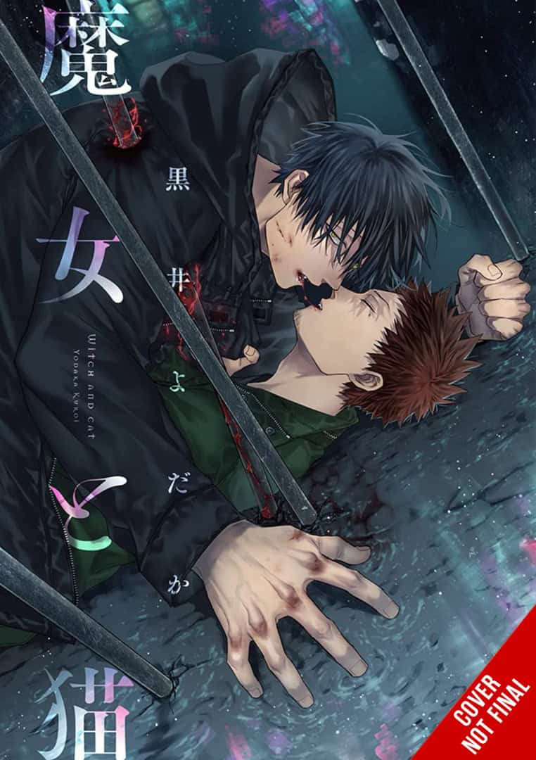 The Witch and the Cat CNF | The Outerhaven Manga cover of two men kissing through iron bars, with a dark, moody background and Japanese title text.
