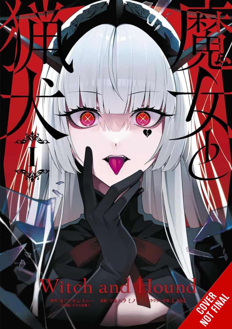 The Witch and the Hound Vol 1 manga | The Outerhaven Anime-style cover featuring a white-haired girl with red eyes, tongue out, black gloves, and a heart mark under one eye, set against a red/black backdrop with shattered glass and the title 'Witch and Hound' visible.