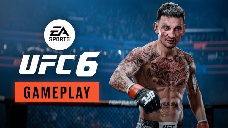 UFC 6 Gameplay | The Outerhaven Promotional artwork for EA Sports UFC 6, featuring the UFC 6 logo, a circular EA Sports badge, and an orange 'Gameplay' banner over a tattooed fighter in the cage.