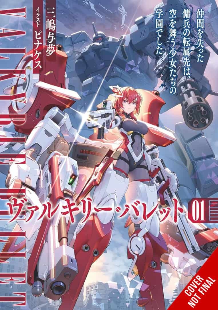 Valkyrie Bullet Vol 1 | The Outerhaven Cover of a sci‑fi manga featuring a red and white armored female pilot with pink hair wielding a gun, giant mecha in the background.
