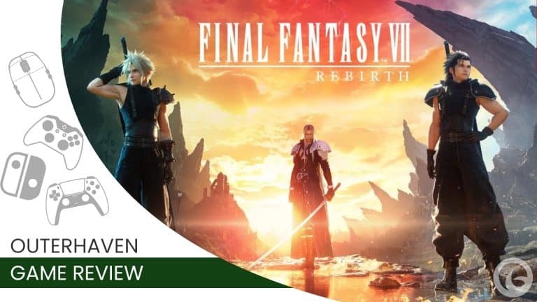 Video_Games FF7 Rebirth Switch 2 | The Outerhaven Promotional banner for Final Fantasy VII Rebirth with three characters on a rocky sunset landscape; features Outerhaven Game Review branding.