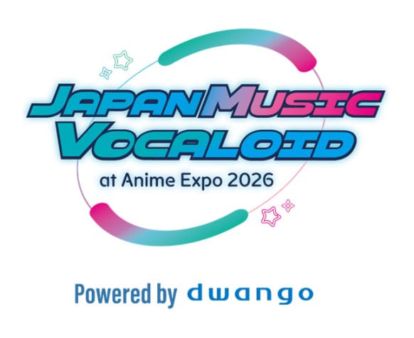 Vocaloid | The Outerhaven Logo reading 'Japan Music Vocaloid at Anime Expo 2026' with colorful swooshes and stars, and 'Powered by dwango' text.
