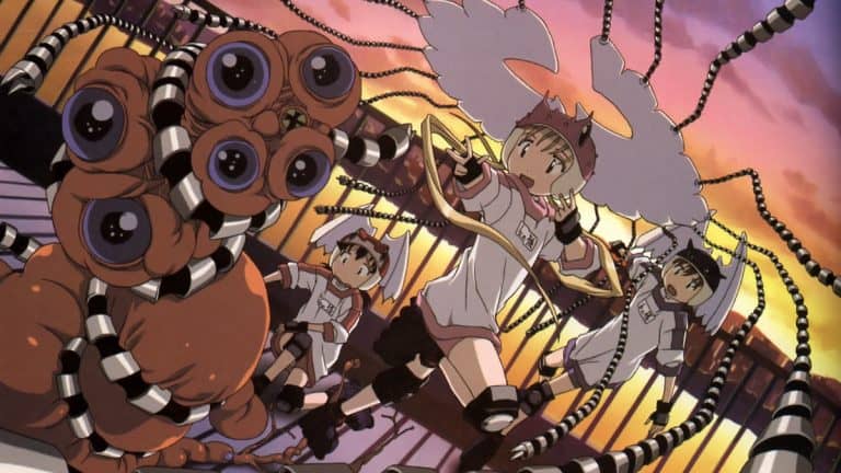 alien nine | The Outerhaven Animated battle: three girls in white outfits fight a multi-eyed orange monster with coiled tentacles at sunset in a sci-fi setting.