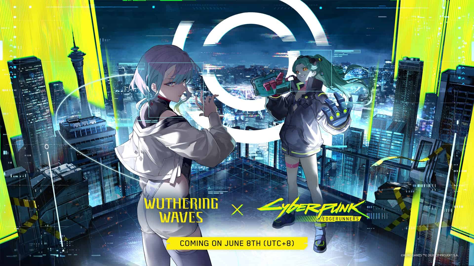 Collaboration key art for Wuthering Waves and Cyberpunk: Edgerunners