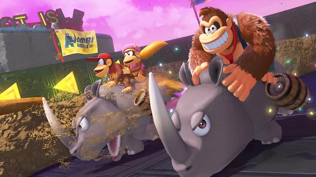 donkey | The Outerhaven Cartoon racers in a vibrant arcade-style race, featuring Donkey Kong and Diddy Kong riding a large gray elephant and other animal characters against a pink sky background.