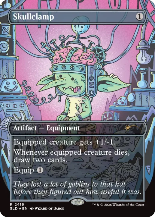 gobBlVQ74Y | The Outerhaven Skullclamp — Artifact Equipment card: Equipped creature gains +1/−1; if the equipped creature dies, you draw two cards. Cost to equip: 1. Flavor text about goblins.