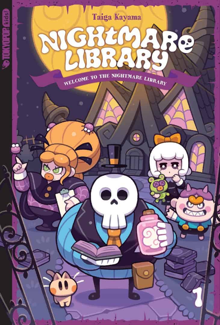NIGHTMARE LIBRARY | The Outerhaven Cover of Nightmare Library: a skeleton in a blue suit reads a book while pumpkin-headed and white-haired characters stand in a spooky purple library setting.