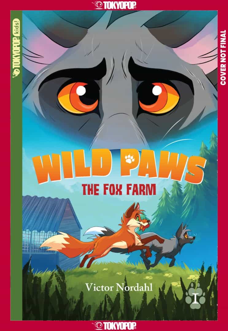 WILD PAWS | The Outerhaven Book cover for Wild Paws: The Fox Farm with two foxes chasing across a grassy field and a large gray creature's amber eyes looming above in the sky, bold title in orange.