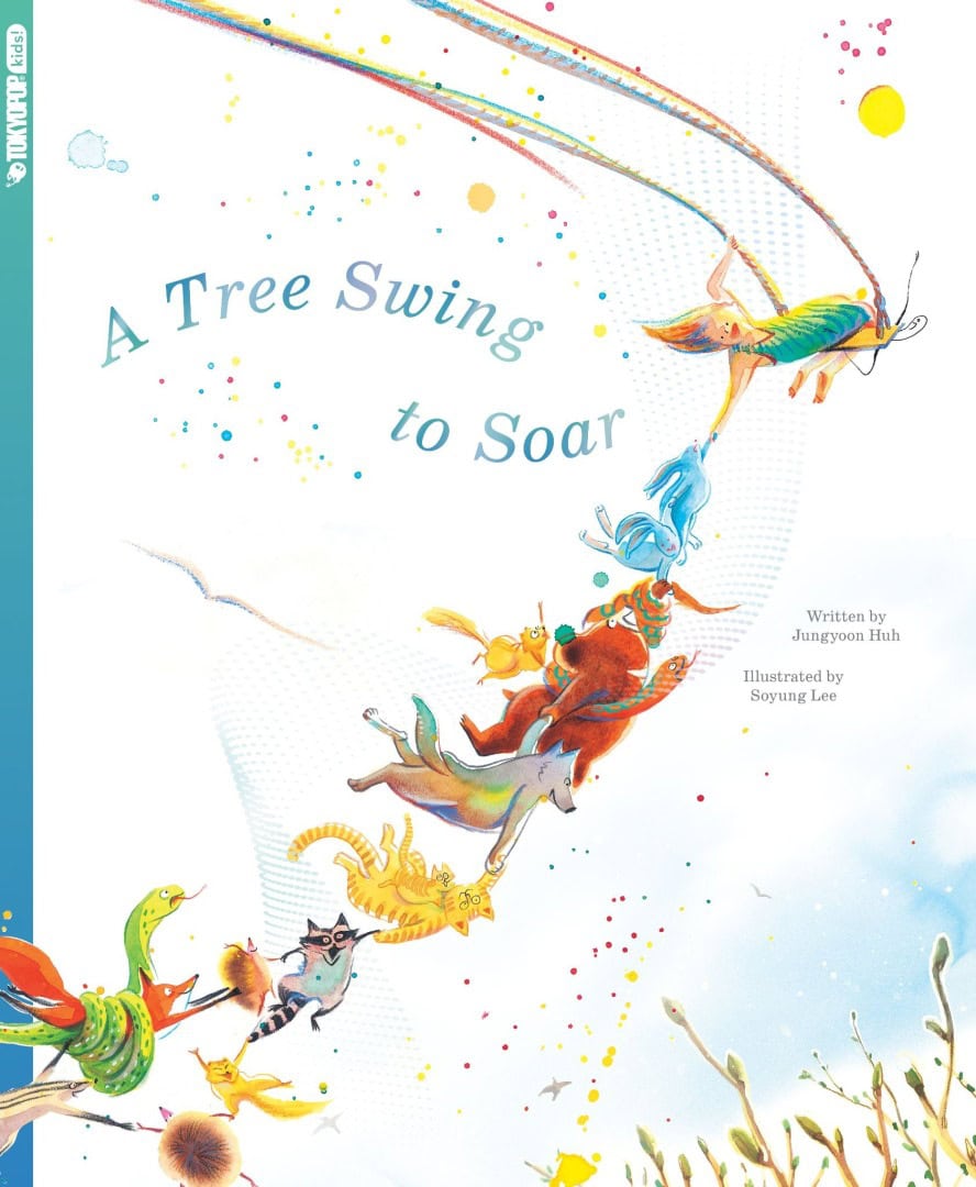 A TREE SWING TO SOAR | The Outerhaven Cover of a children's book titled 'A Tree Swing to Soar' with a line of colorful animals swinging upward against a bright sky.
