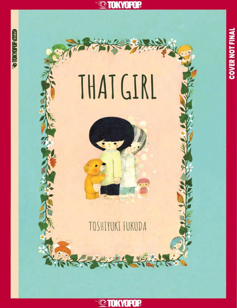 THAT GIRL | The Outerhaven Book cover of 'That Girl' by Toshiyuki Fukuda, showing a girl with a dog and small figures framed by a floral border on a turquoise background.