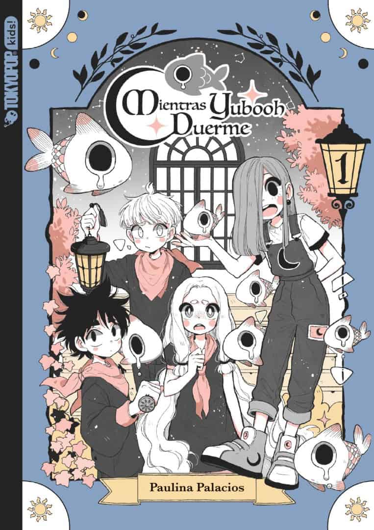 AS YUBOOH SLUMBERS | The Outerhaven Manga-style book cover with five kids and white ghost-masks, lanterns, and a gated arch, creator Paulina Palacios.