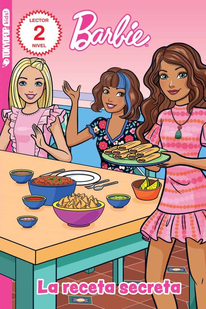 Barbie | The Outerhaven Three Barbie-like girls sit around a table with bowls of food, a plate of pancakes, against a pink background, text says La receta secreta.