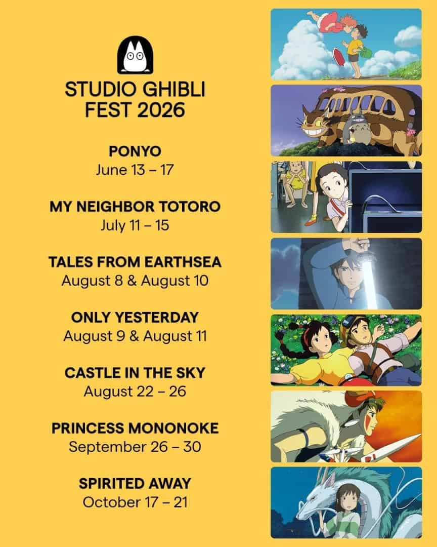 Ghibli Fest 2026 | The Outerhaven Studio Ghibli Fest 2026 schedule on a yellow poster with seven film titles and dates; right side shows stacked film stills.
