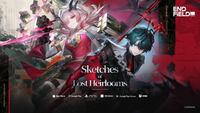 Arknights endfield sketches of lost | The Outerhaven Dynamic anime-style banner with two fighters wielding weapons and pink energy, promoting Sketches of Lost Heirlooms on End Field.