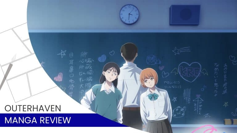 Manga Review: Kirio Fanclub Vol. 2 Three students stand in a classroom with a chalkboard full of drawings, a clock on the wall, and an overlay reading 'Outerhaven Manga Review'.