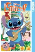 lilo | The Outerhaven Stitch from Disney's Lilo & Stitch, grinning and playing a guitar, in a bright collage of tropical leaves and other characters.