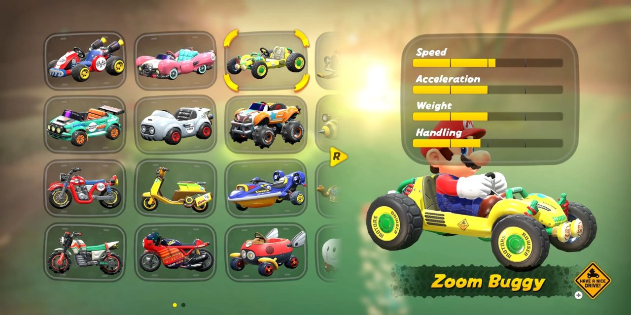mario-kart-world-grand-prix-game_tq19 | The Outerhaven Grid of colorful toy vehicles (cars, bikes, scooters) in rounded panels for a racing game selection screen, with a large go-kart and driver on the right.