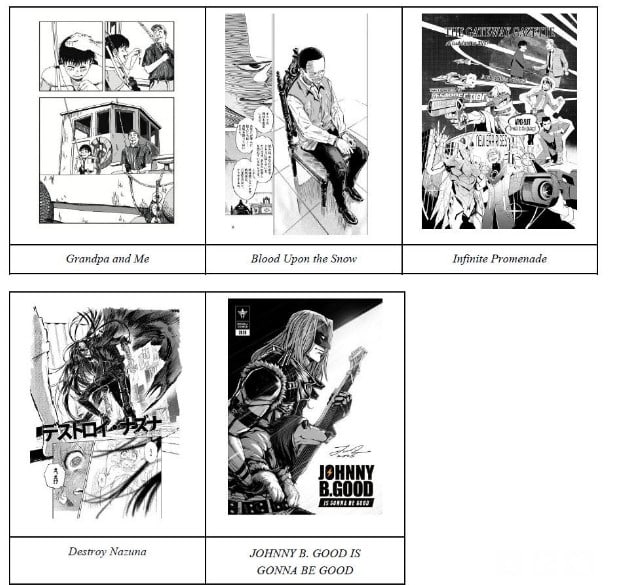 mentions | The Outerhaven Grid of six manga covers with titles: Grandpa and Me; Blood Upon the Snow; Infinite Promenade; Destroy Nazuna; JOHNNY B. GOOD IS GONNA BE GOOD; a collage of illustrated volumes.