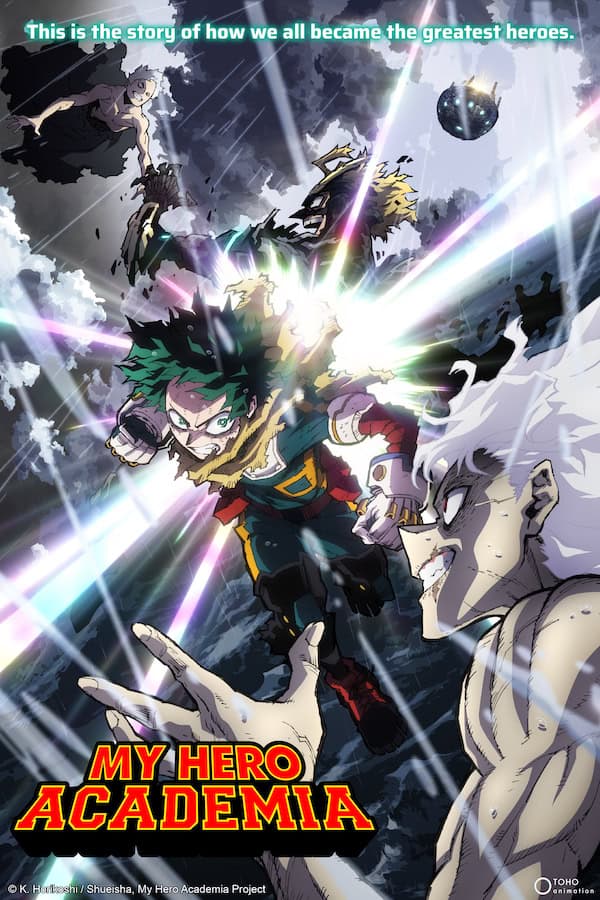 my hero academia | The Outerhaven Dynamic battle scene from My Hero Academia: a green-haired hero charges forward amid bright energy beams and opposing figures, with the show's logo at bottom.