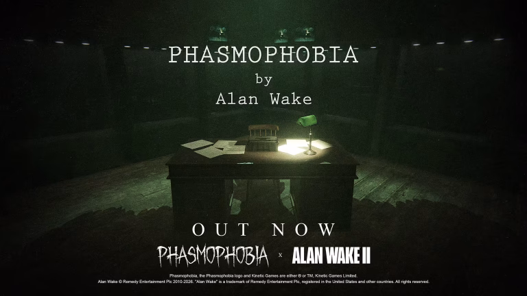 Key art for the Alan Wake event in Phasmophobia. It has the words OUT NOW emboldened