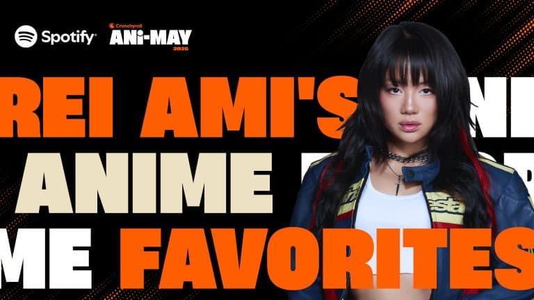 rei ami | The Outerhaven Spotify banner promoting Anime Favorites, with a woman in a blue jacket on the right and large orange and beige text on a black background.