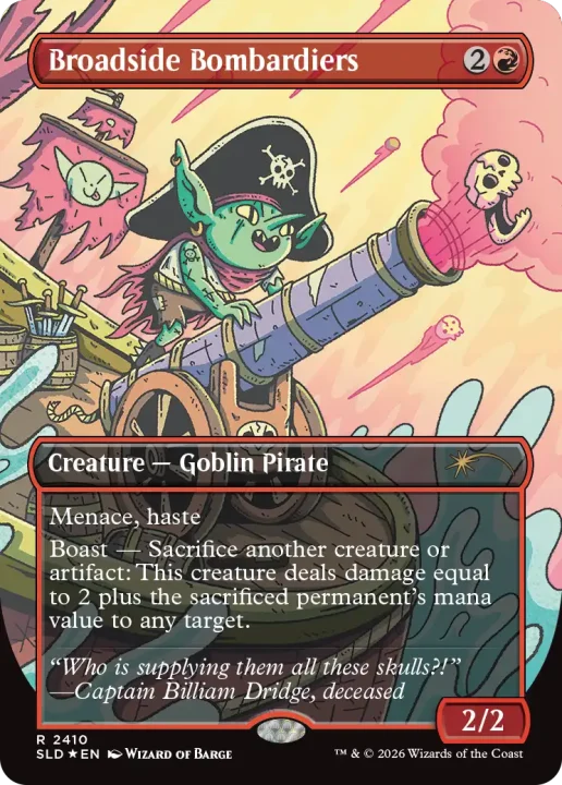 rfSEzdROgZ | The Outerhaven Magic card: goblin pirate firing a cannon and blasting pink smoke; Broadside Bombardiers, 2/2.