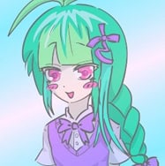 satapan | The Outerhaven Anime-style girl with green braided hair, pink eyes, and a purple bow, wearing a lavender top against a pastel gradient background.
