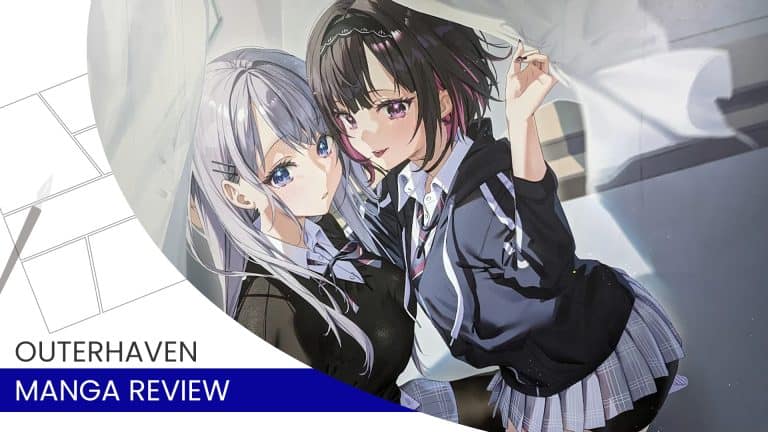 shino and ren | The Outerhaven Anime-style illustration of two schoolgirls in uniforms posing closely for a manga review banner, with bold text saying 'Manga Review' and 'Outerhaven' in the background
