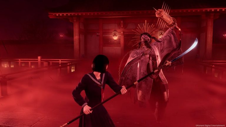 silent hill f battle | The Outerhaven A student in a dark school uniform confronts a monstrous figure wielding a glowing curved blade in a red foggy temple.