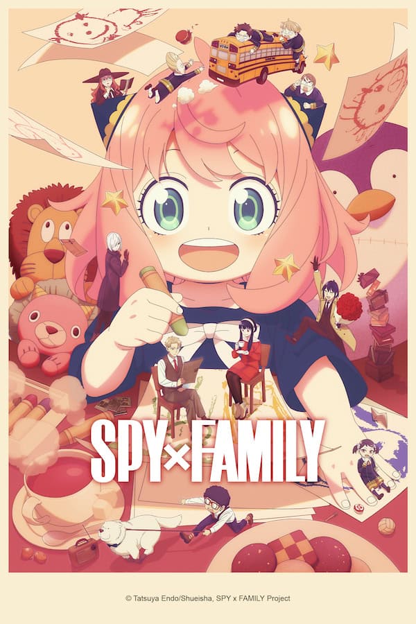 spy x family | The Outerhaven Colorful SPY×FAMILY poster centered on a cheerful pink-haired girl with large green eyes, surrounded by tiny family-themed scenes, a toy bus on her head, drawings and toys around, and the bold title SPY×FAMILY at the bottom.