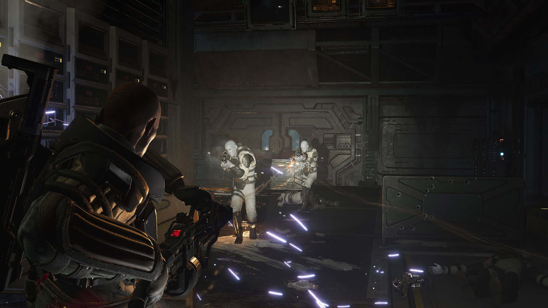 ss_17ebf7c36f98ef79b18d2e158c78937d4beffb431920x1080 | The Outerhaven A soldier in the foreground aims a futuristic rifle at white-armored foes in a dark sci-fi corridor.
