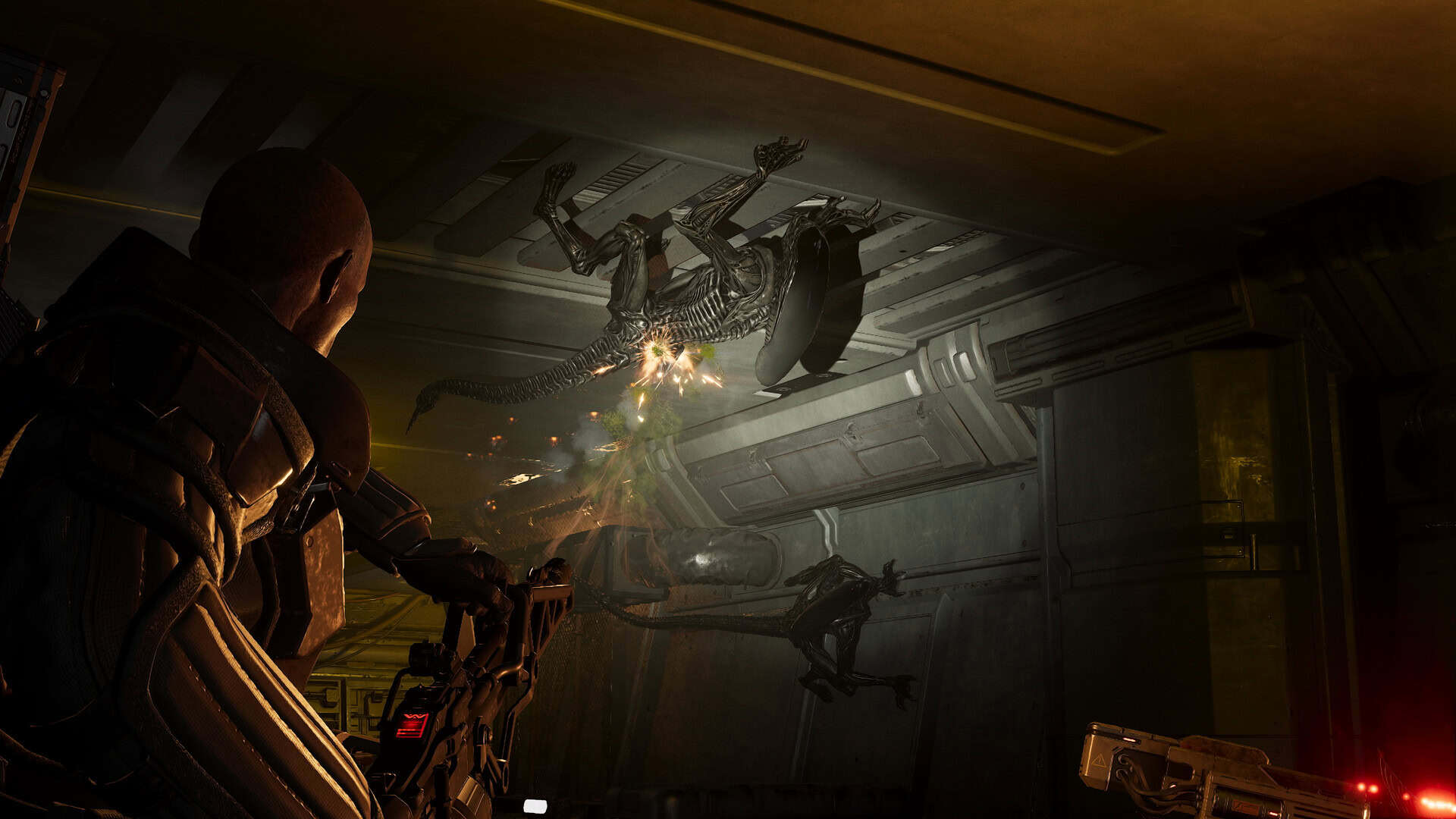 ss_dabe4c3f28114786f14a443cd38585d732ea857f1920x1080 | The Outerhaven Armored soldier on the left aims a weapon as a clawed alien bursts through a damaged sci‑fi corridor, sparks flying.