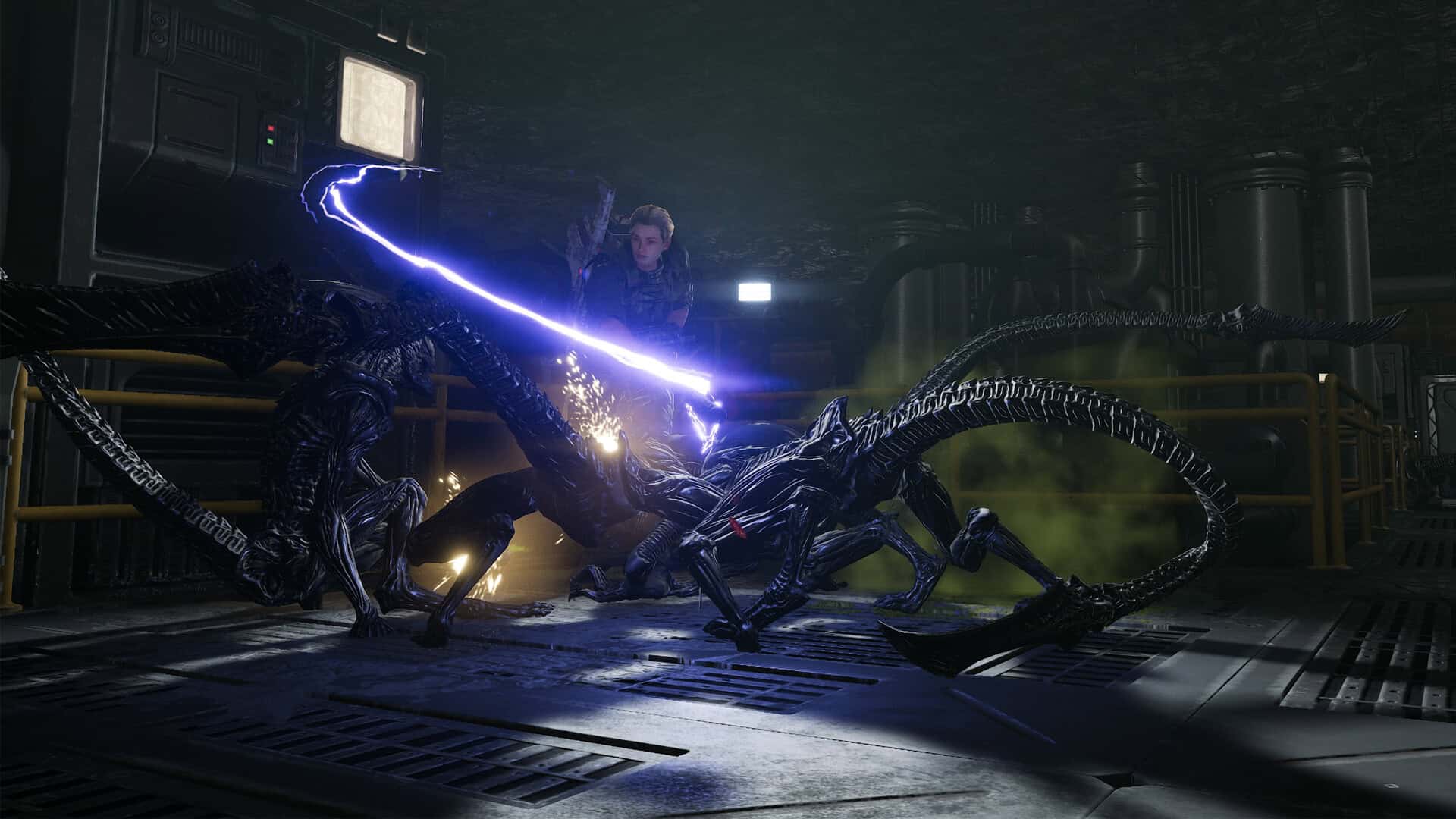 ss_e852365f7ea3daf12309732751b2bc1c603b21e11920x1080 | The Outerhaven A person in armor fires a purple energy beam at several black, multi-limbed aliens in a dark, futuristic industrial chamber.