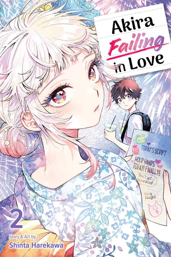 Manga cover: close-up of a pale-haired girl in a blue floral yukata, with a surprised boy in the background; title Akira Failing in Love, vol. 2 by Shinta Harekawa.