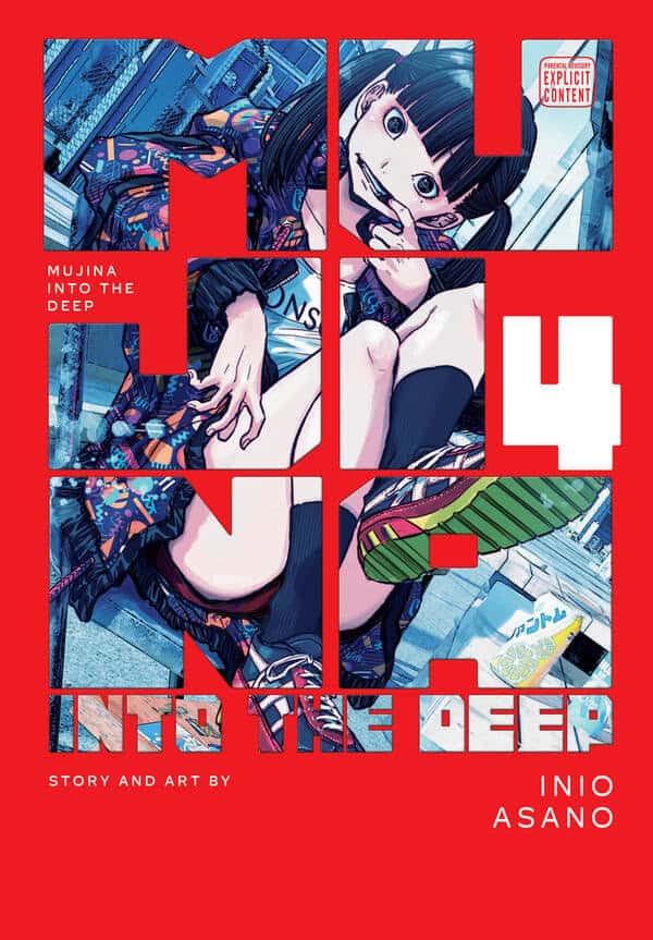 Manga cover for Mujina Into the Deep; red background with a blue collage of panels featuring a girl with pigtails.