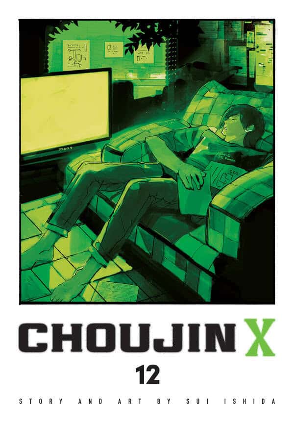 Cover of Choujin X, volume 12: a man lounging on a plaid sofa in a green-tinted living room, facing a blank TV, with the title CHOUJIN X and the number 12.
