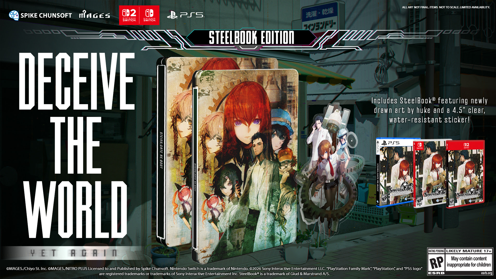 Promotional banner for a SteelBook Edition video game, showing anime-style artwork on cases, PS5 and Switch logos, and large 'DECEIVE THE WORLD' text.