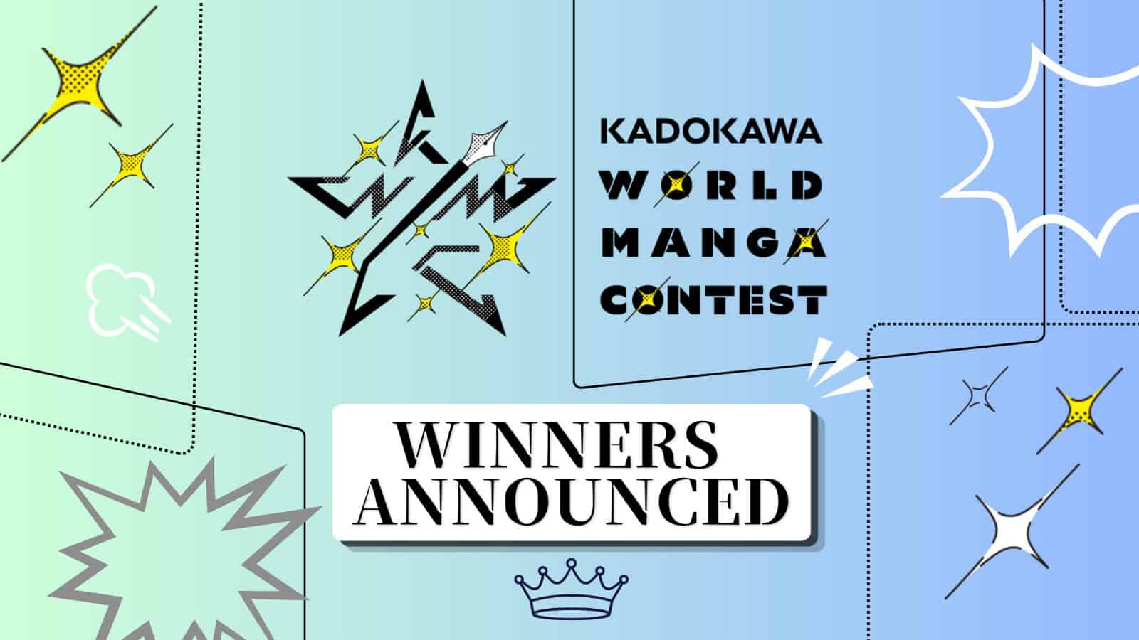 受賞者発表KV - 1 | The Outerhaven Banner announcing Kadokawa World Manga Contest winners, on a colorful comic-book style background.