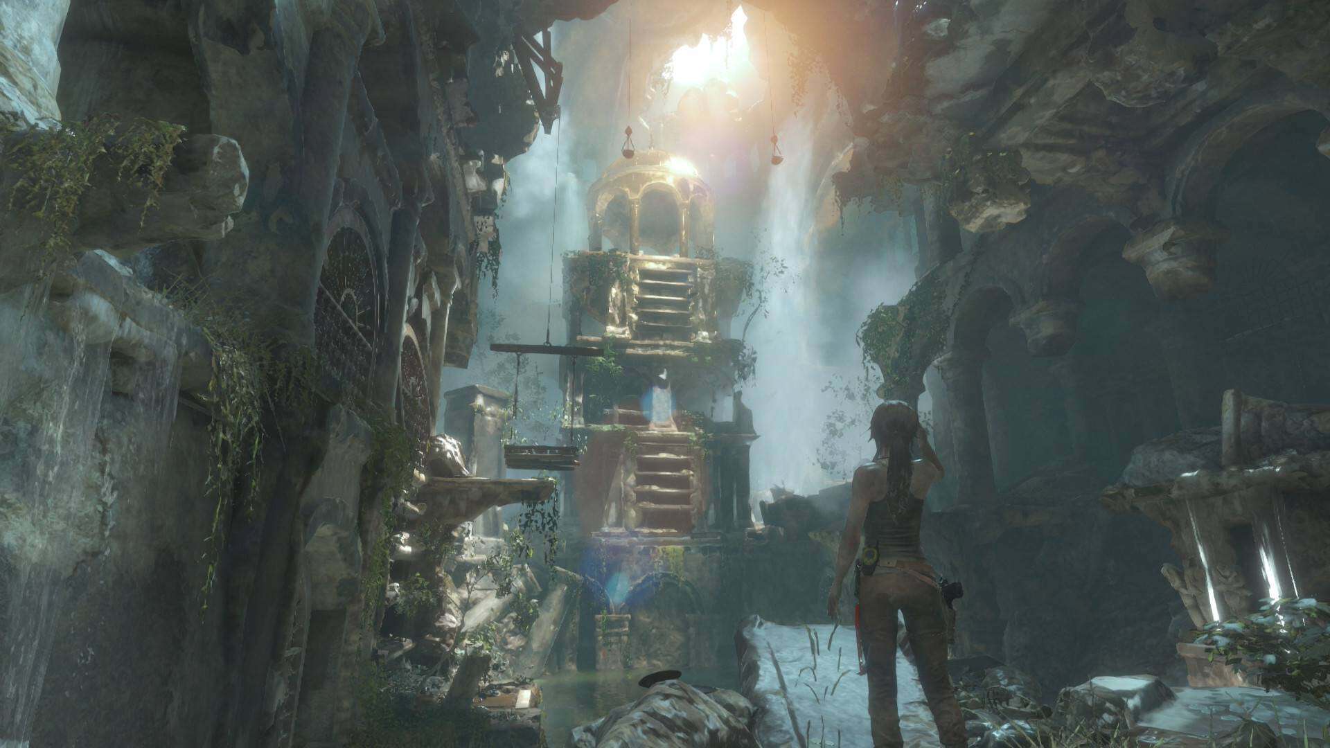 20260628214809-01KW82Y4JX4AKQJHZNWTC1FFA2 | The Outerhaven Explorer in a moss-covered cavern gazes at a sunlit, ornate gazebo-like structure atop stone steps.