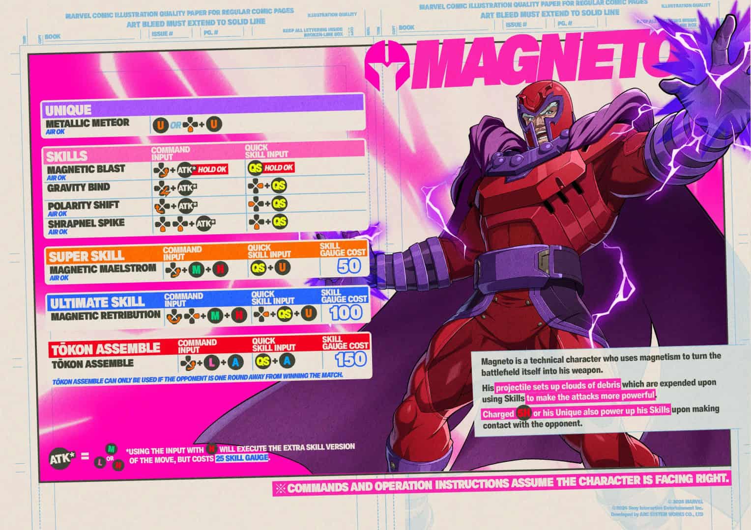 26_magneto01 1 | The Outerhaven Poster featuring Marvel character Magneto with a bright pink and purple tech-themed interface listing abilities and skill costs as a game guide.