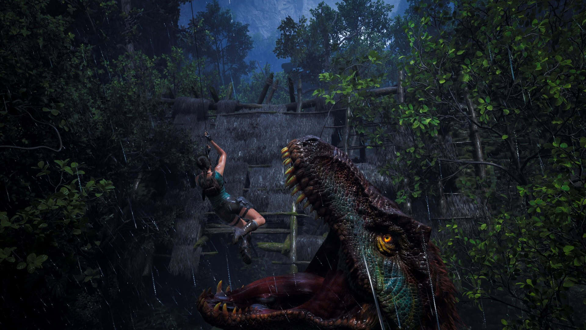 t rex lara croft | The Outerhaven Lara Croft swinging away from a T-Rex in Tomb Raider: Legacy of Atlantis