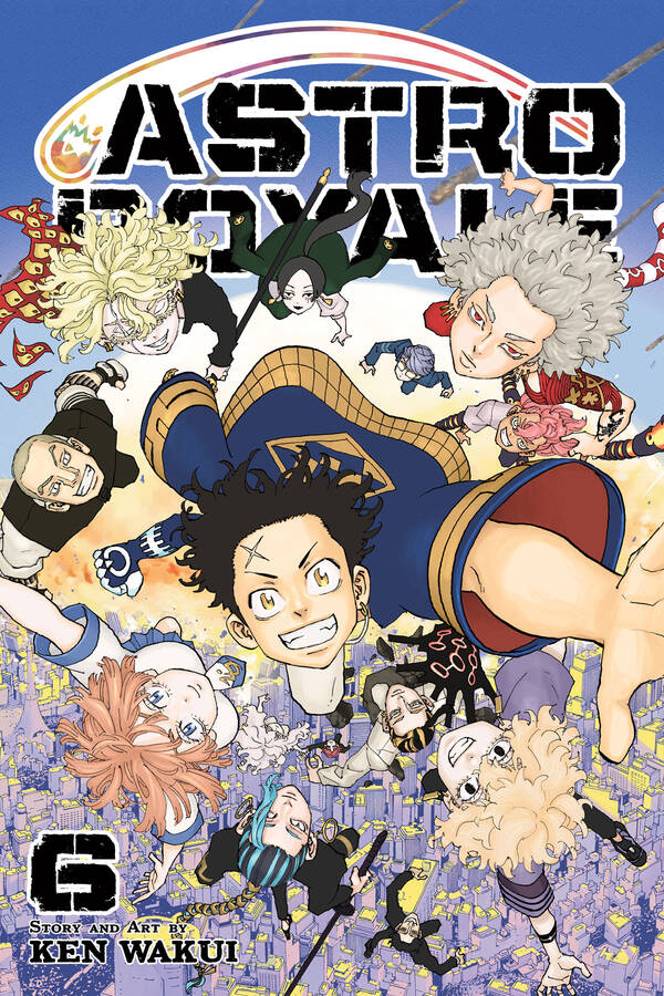 Manga cover showing a team of colorful characters leaping toward the viewer above a city skyline, with the number 6 and 'Story and Art by Ken Wakui' at the bottom.