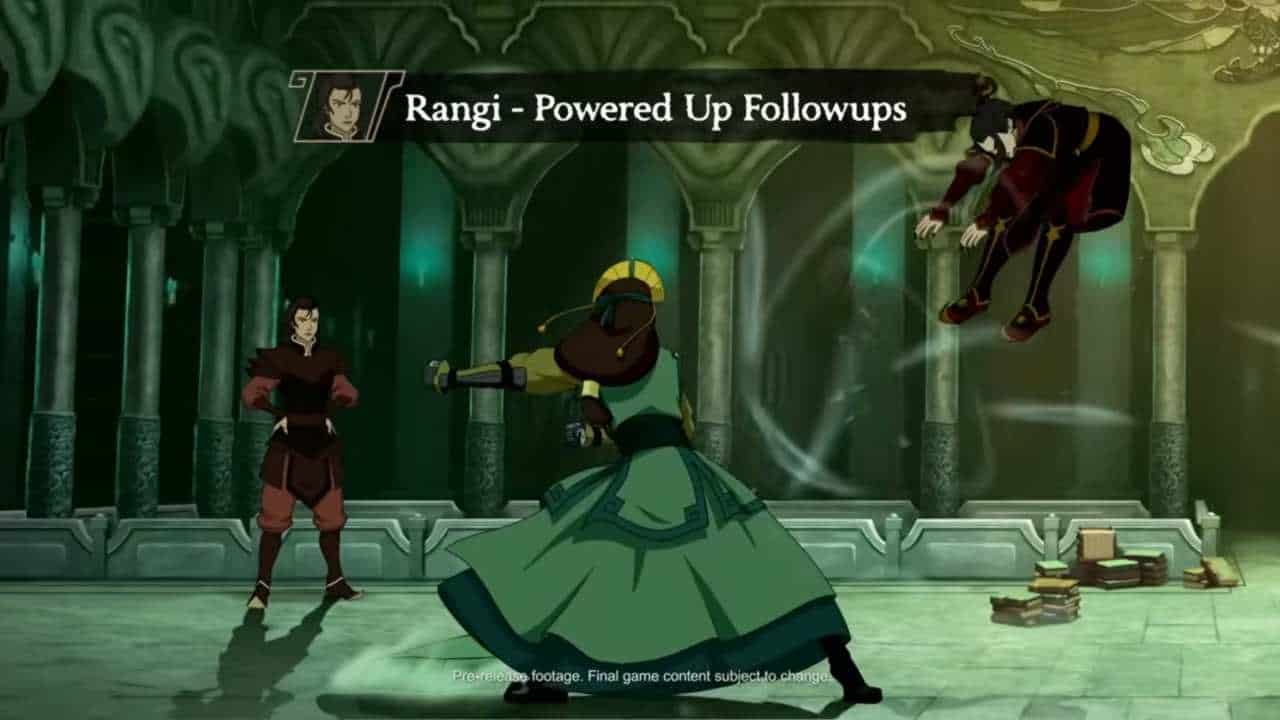 A female fighter in a green dress blocks a two-on-one attack inside a stone temple, with a man suspended in the air at right and scattered books on the floor.