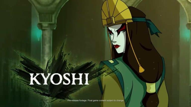 Avatar Legends_ The Fighting Game - Kyoshi Character Trailer _ PS5 Games 0-7 screenshot | The Outerhaven Illustrated profile of Kyoshi in green attire with a gold headdress, bold 'KYOSHI' title and brushstroke backdrop, as a game splash banner.