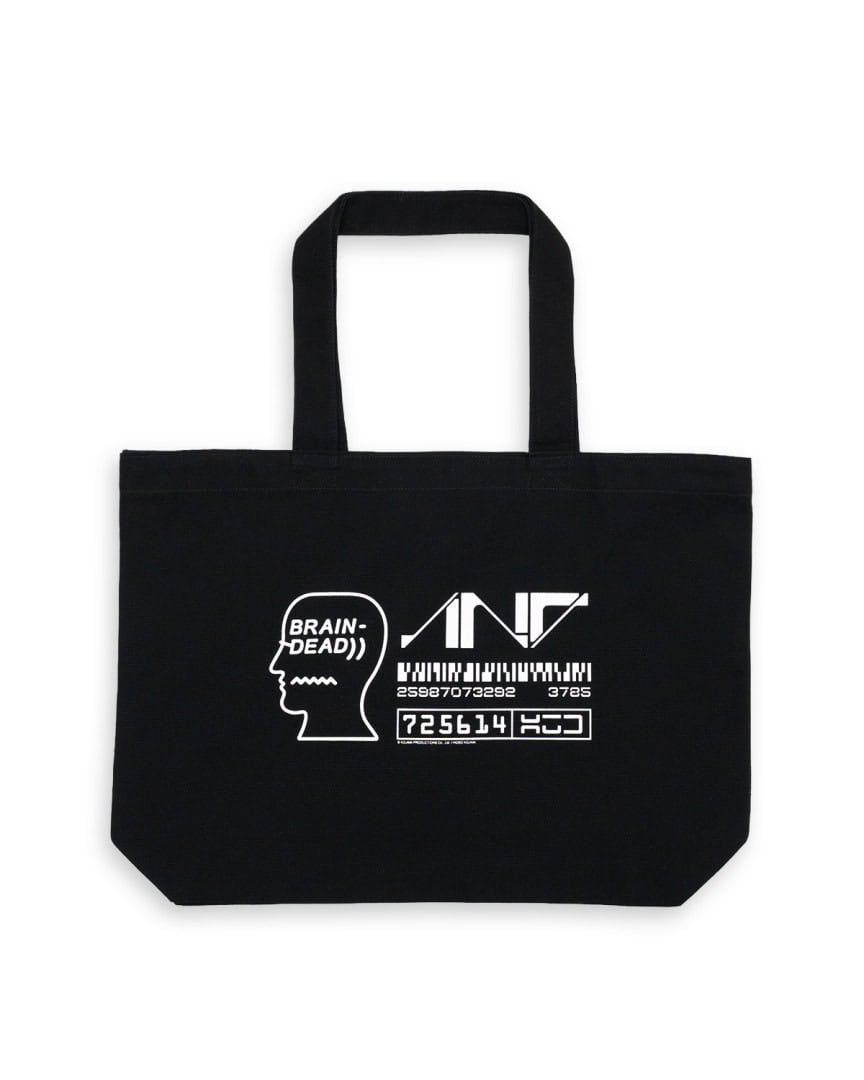 BD_DS2_TOTE_01 | The Outerhaven Black tote bag with a white graphic: a side-profile head labeled 'BRAIN-DEAD' and accompanying geometric shapes and barcodes.